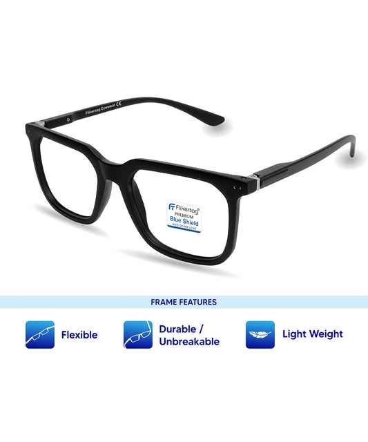 Blue Cut Computer Glasses for Eye Protection | Zero Power Blue Light Filter Glasses With UV Protection for Men & Women [FTF208 F1 Square Matte Black Frame, 52mm]