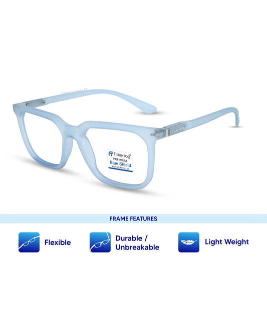 Blue Cut Computer Glasses for Eye Protection | Zero Power Blue Light Filter Glasses With UV Protection for Men & Women [FTF208 F3 Square Transparent Water Blue Frame, 52mm]