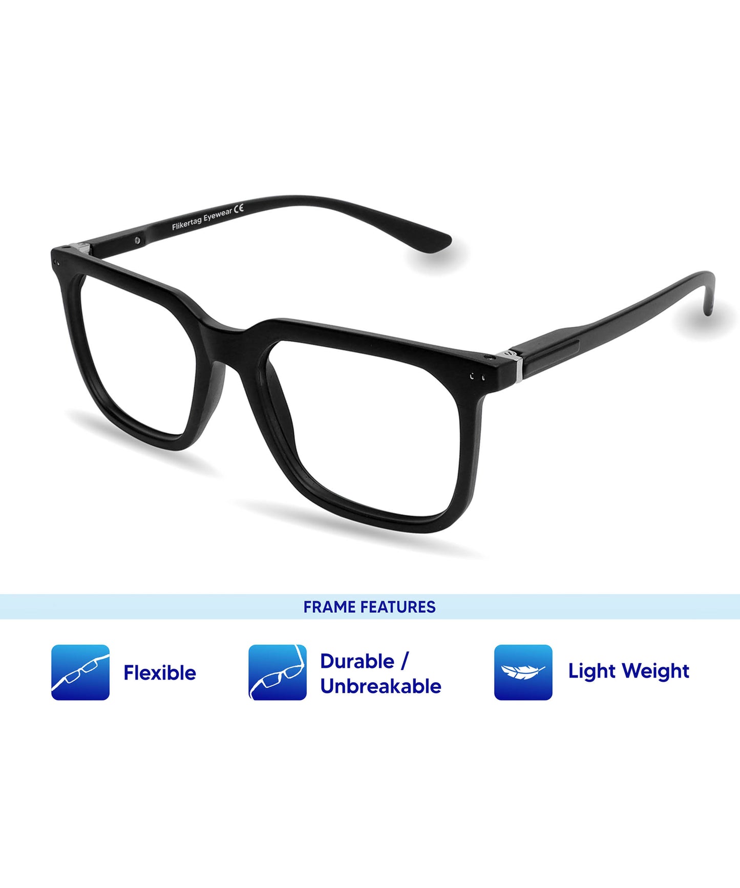 Flikertag Eye Glasses Frame For Men & Women [FTF208 F1 Square Matte Black Frame, 52mm]