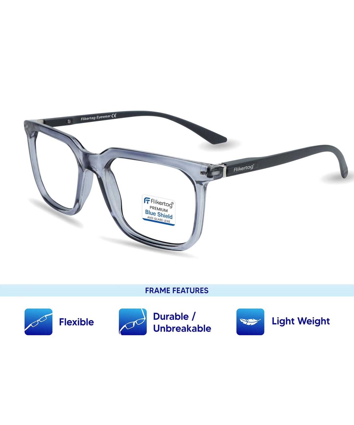 Blue Cut Computer Glasses for Eye Protection | Zero Power Blue Light Filter Glasses With UV Protection for Men & Women [FTF208 F4 Square Shine Grey Frame, 52mm]
