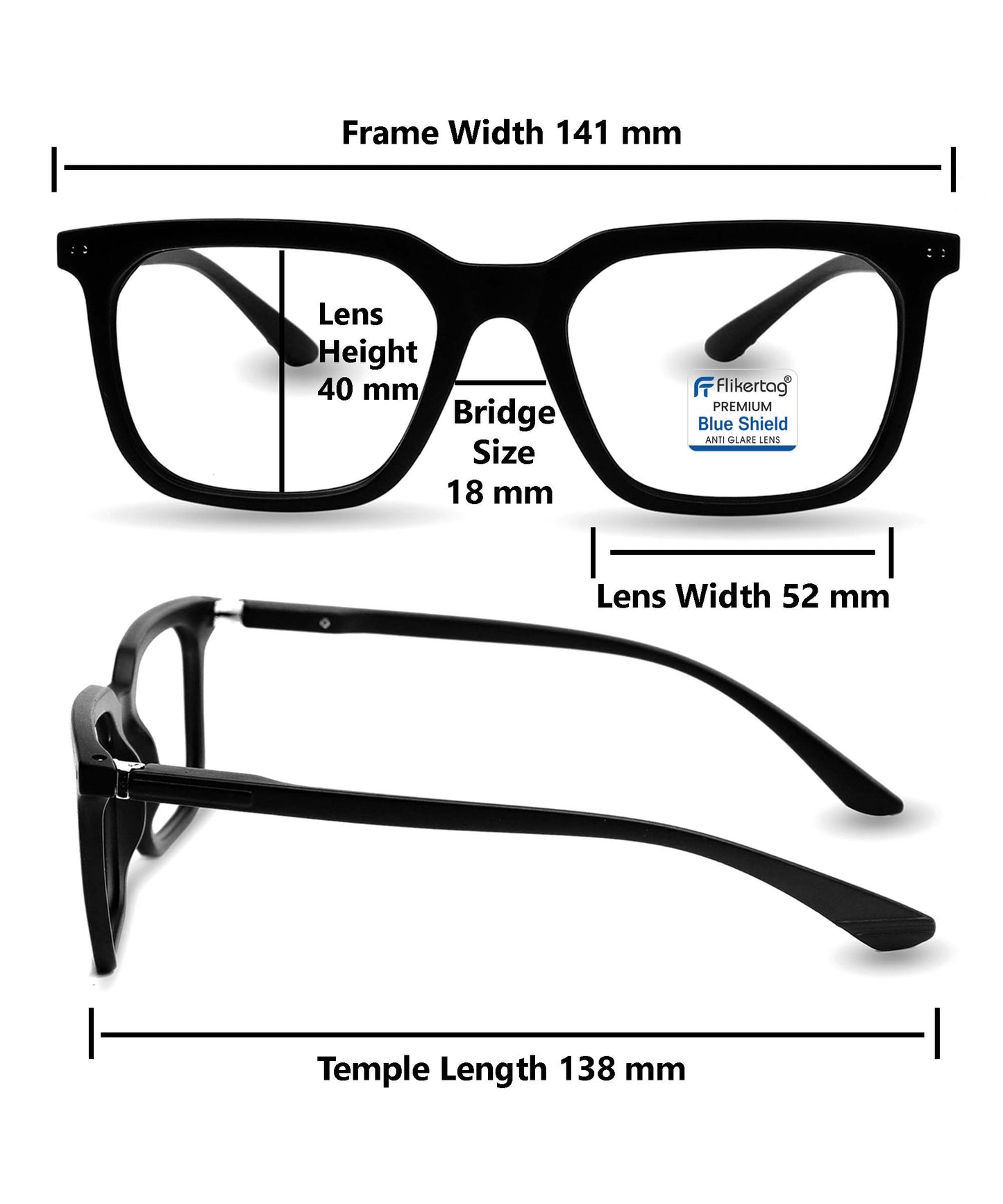 Blue Cut Computer Glasses for Eye Protection | Zero Power Blue Light Filter Glasses With UV Protection for Men & Women [FTF208 F1 Square Matte Black Frame, 52mm]