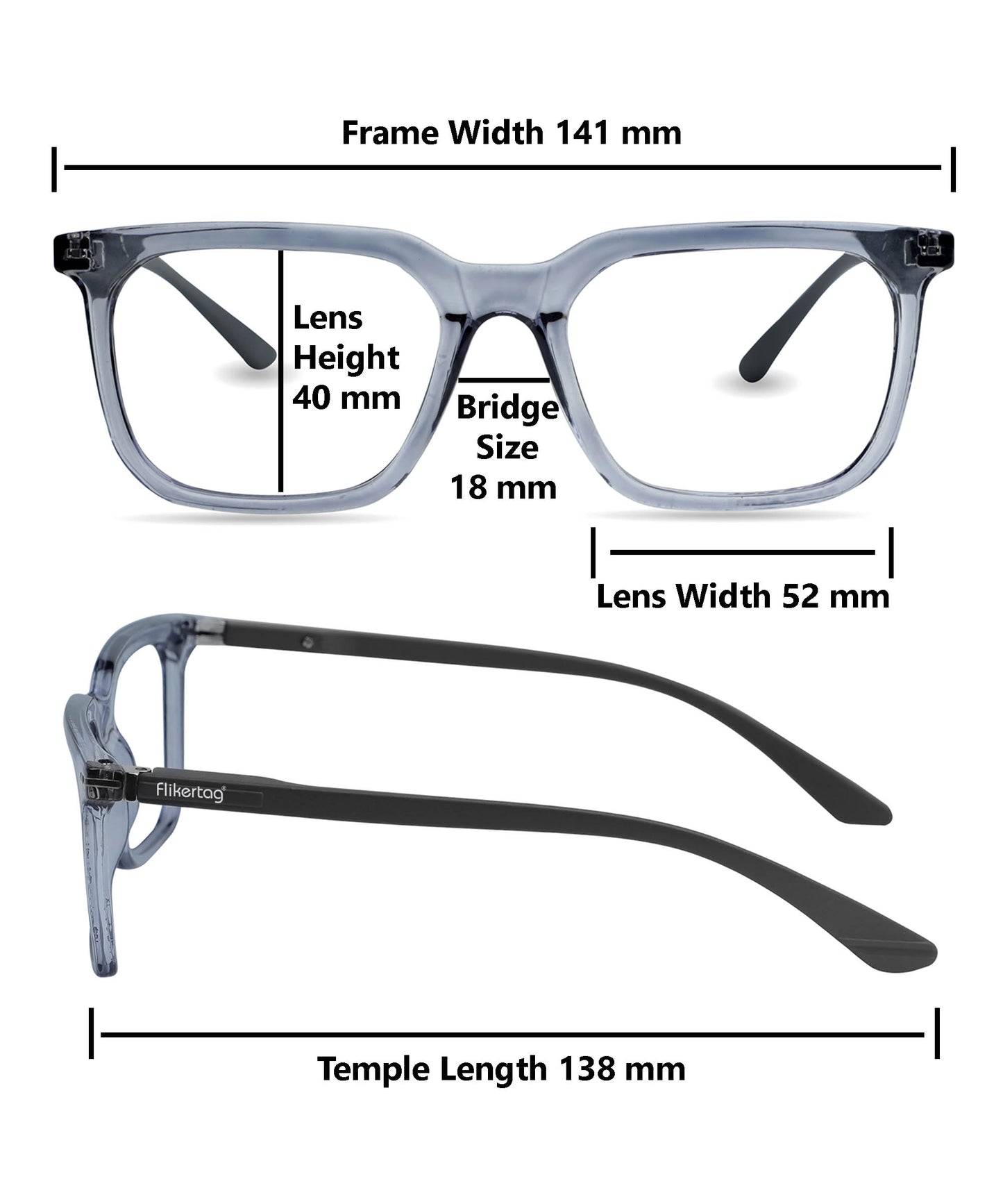 Flikertag Eye Glasses Frame For Men & Women [FTF208 F4 Square Shine Grey Frame, 52mm]