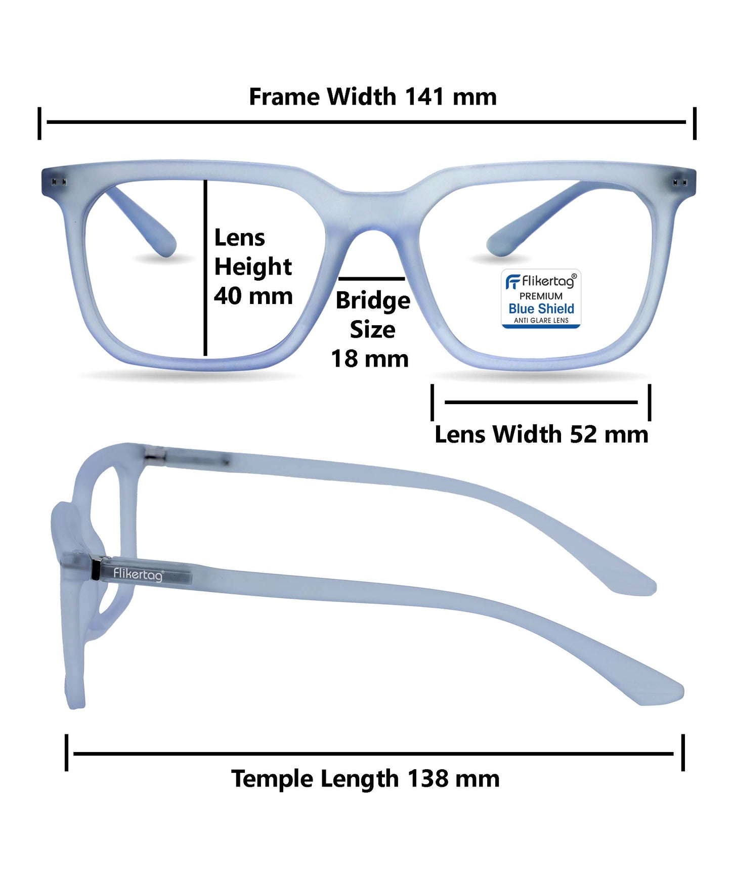 Blue Cut Computer Glasses for Eye Protection | Zero Power Blue Light Filter Glasses With UV Protection for Men & Women [FTF208 F3 Square Transparent Water Blue Frame, 52mm]