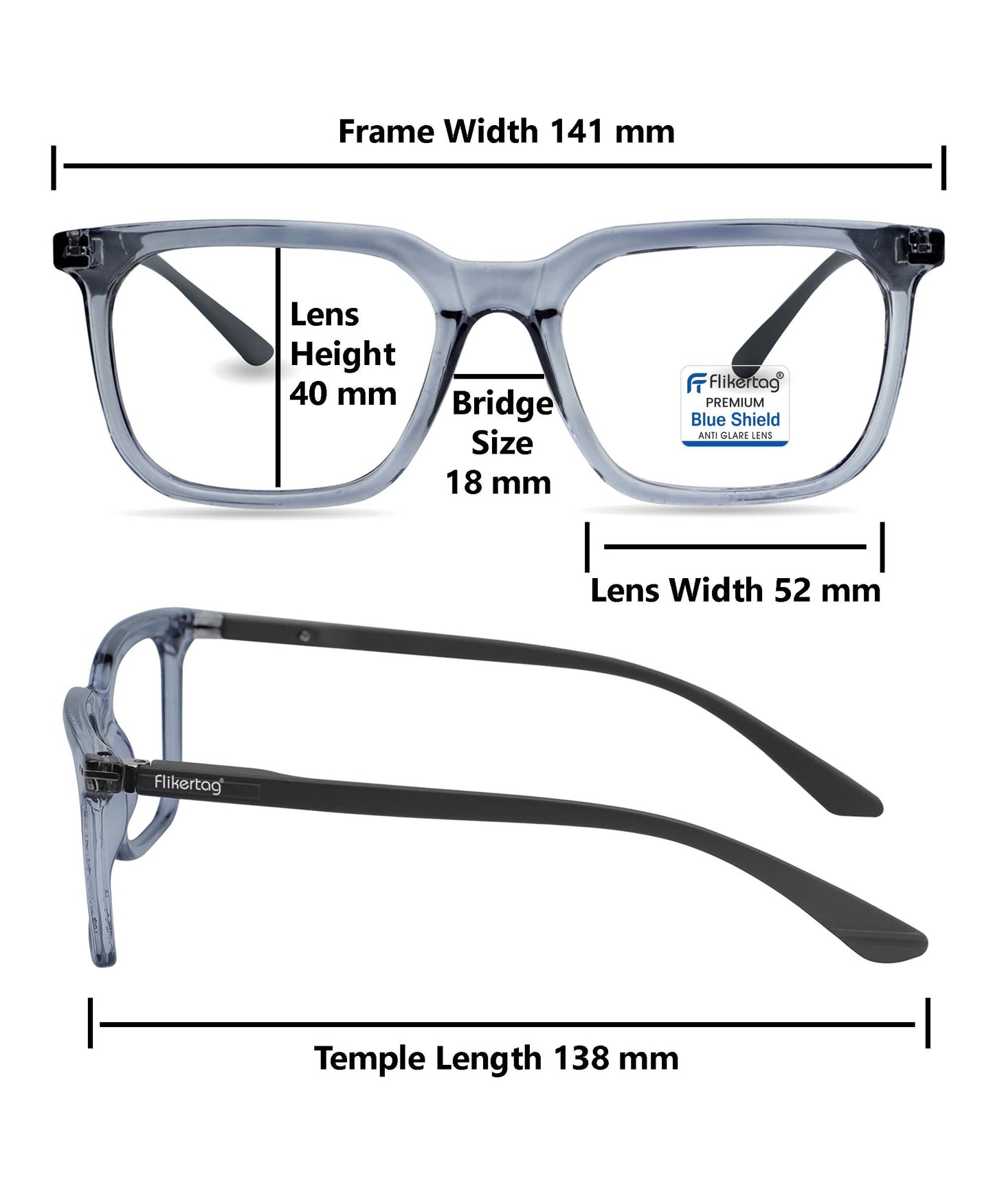 Blue Cut Computer Glasses for Eye Protection | Zero Power Blue Light Filter Glasses With UV Protection for Men & Women [FTF208 F4 Square Shine Grey Frame, 52mm]