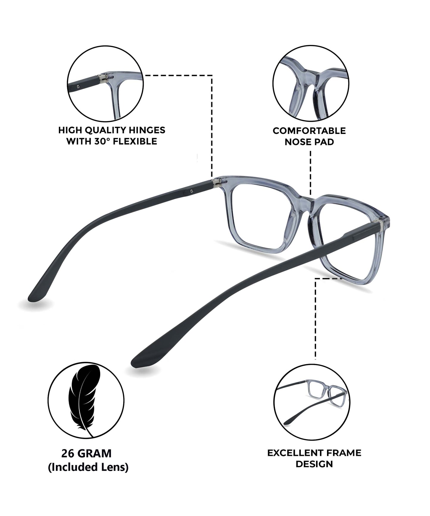 Blue Cut Computer Glasses for Eye Protection | Zero Power Blue Light Filter Glasses With UV Protection for Men & Women [FTF208 F4 Square Shine Grey Frame, 52mm]