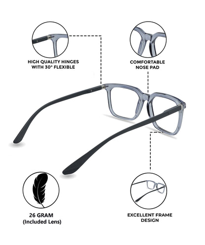 Blue Cut Computer Glasses for Eye Protection | Zero Power Blue Light Filter Glasses With UV Protection for Men & Women [FTF208 F4 Square Shine Grey Frame, 52mm]