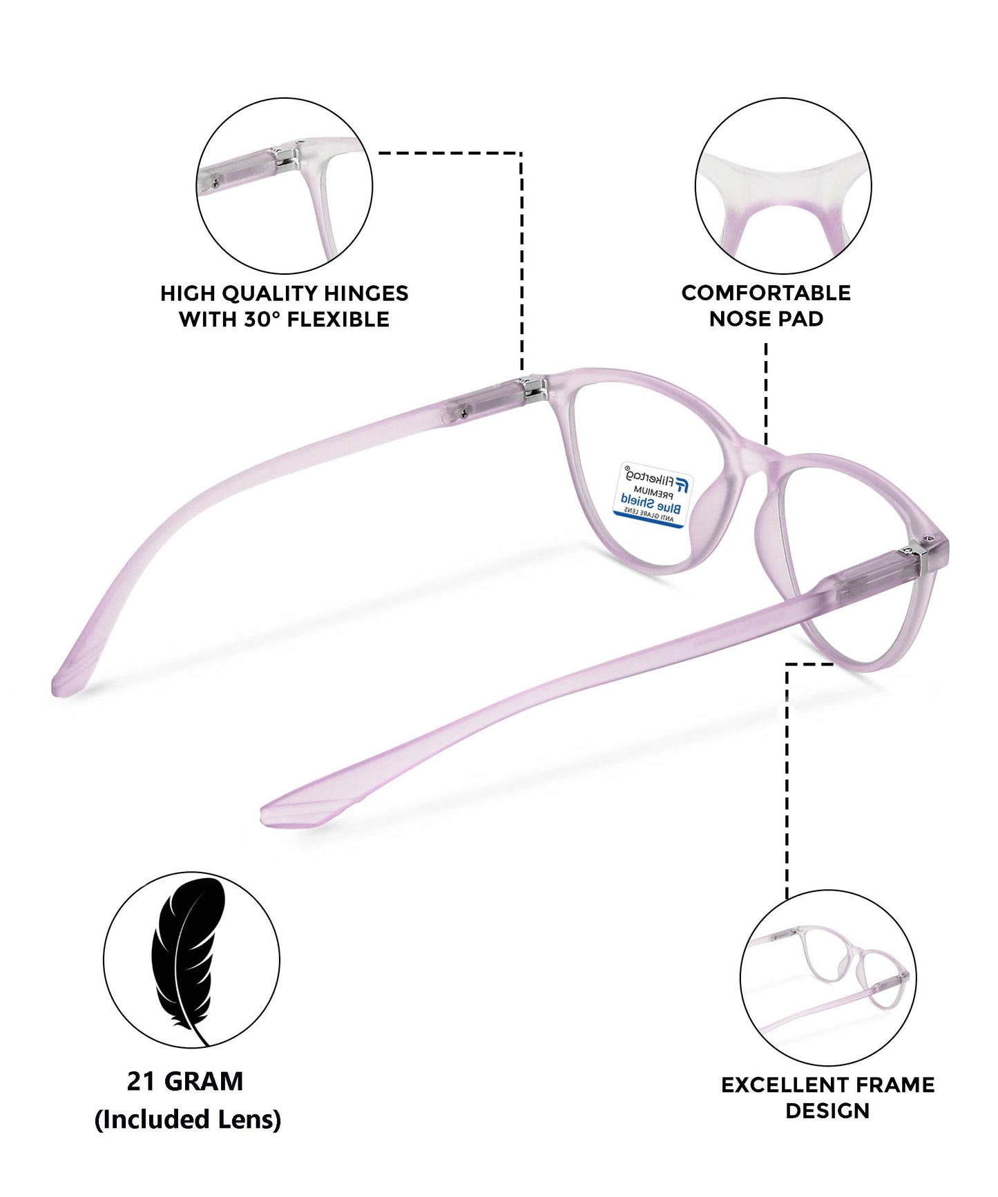 Blue Cut Computer Glasses for Eye Protection | Zero Power Blue Light Filter Glasses With UV Protection for Women [FTF209 F1 Cat-Eye Matte Transparent Purple Frame, 49mm]