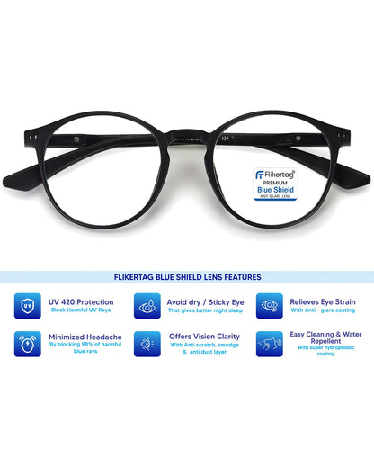 Blue Cut Computer Glasses for Eye Protection | Zero Power Blue Light Filter Glasses With UV Protection for Men & Women [FTF210 F1 Round Matte Black Frame, 49mm]