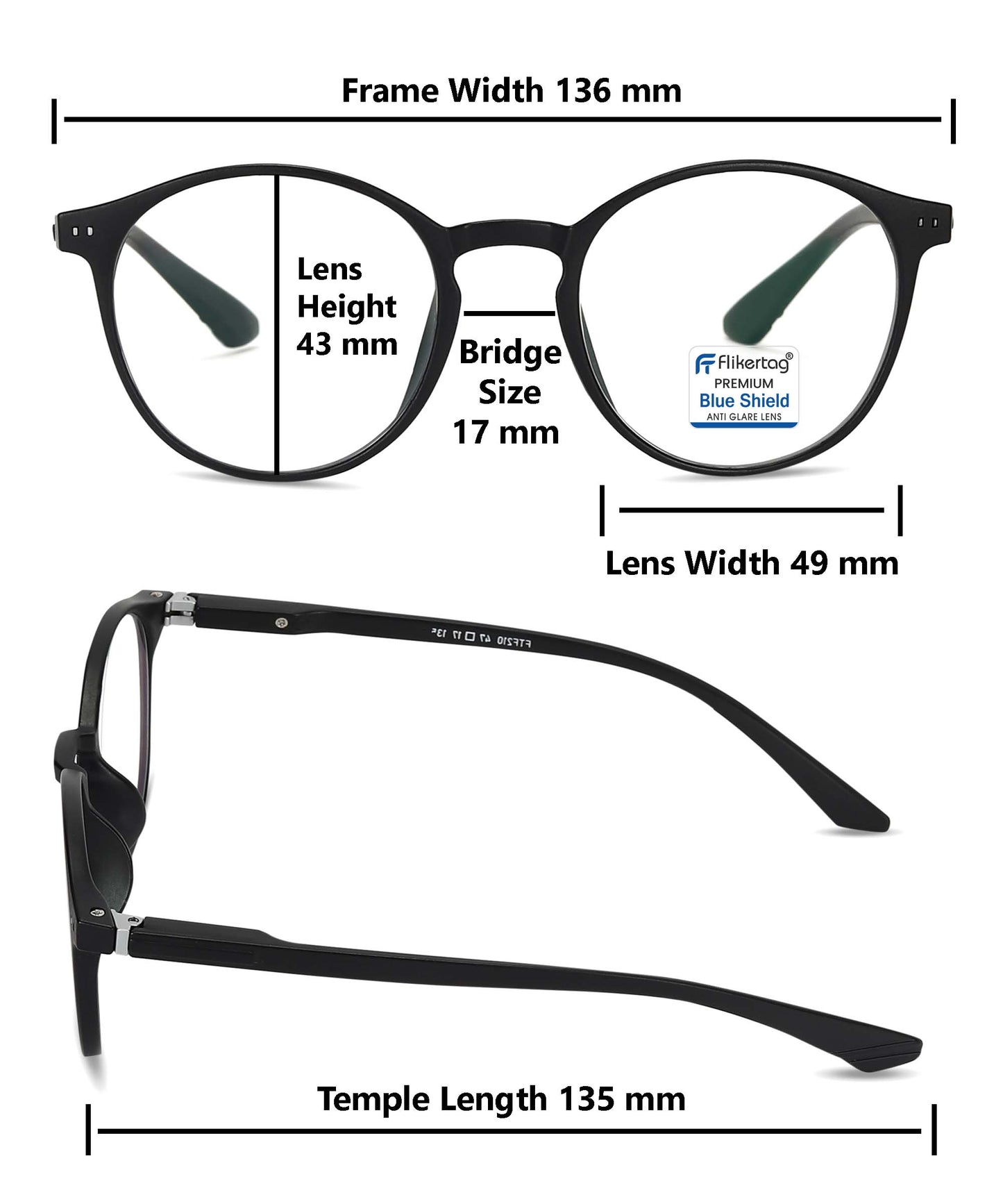 Blue Cut Computer Glasses for Eye Protection | Zero Power Blue Light Filter Glasses With UV Protection for Men & Women [FTF210 F1 Round Matte Black Frame, 49mm]