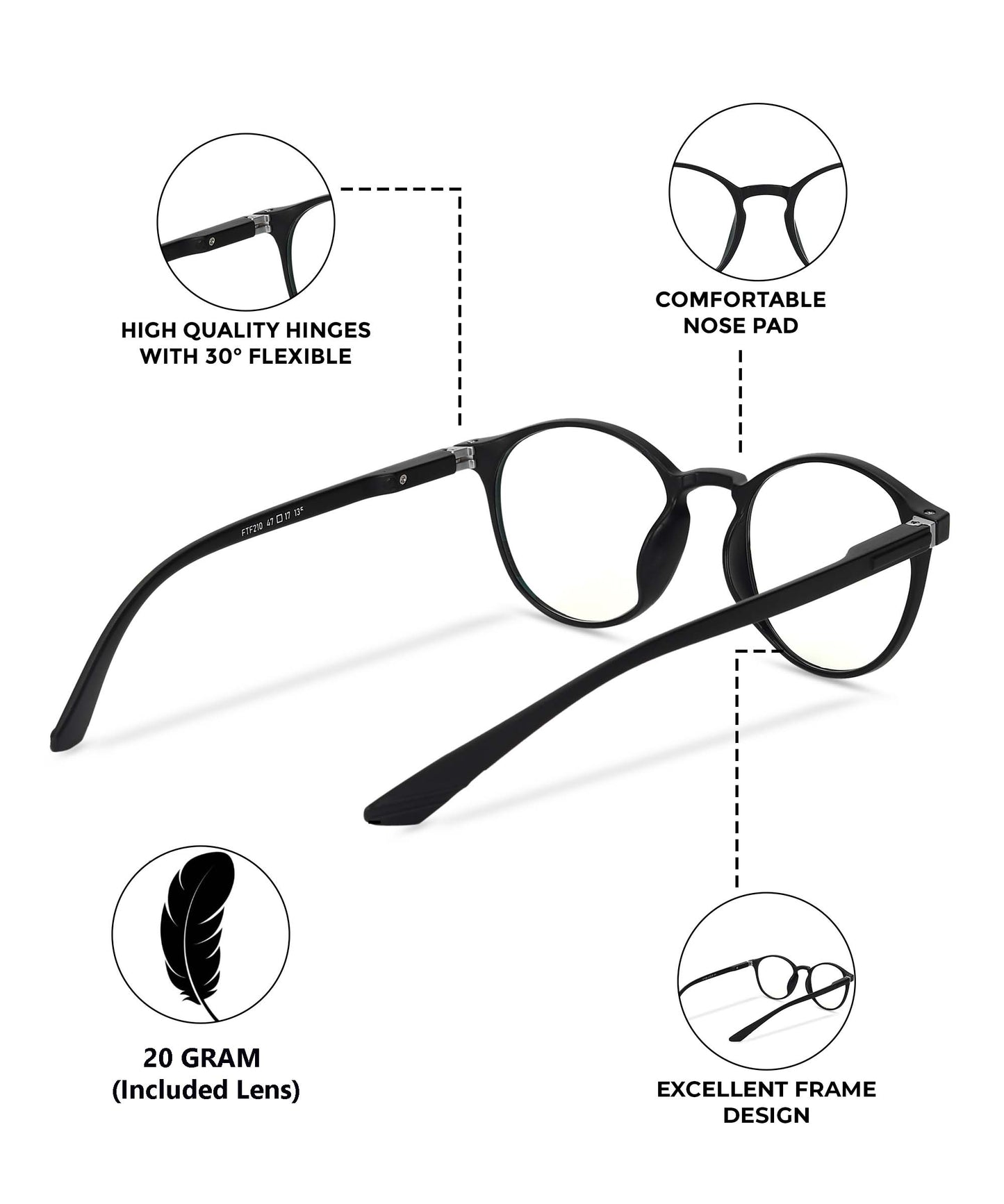 Blue Cut Computer Glasses for Eye Protection | Zero Power Blue Light Filter Glasses With UV Protection for Men & Women [FTF210 F1 Round Matte Black Frame, 49mm]