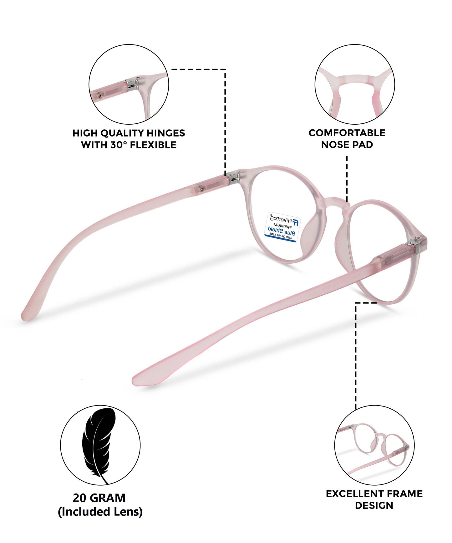 Blue Cut Computer Glasses for Eye Protection | Zero Power Blue Light Filter Glasses With UV Protection for Women [FTF210 F2 Round Transparent Pink Frame, 49mm]