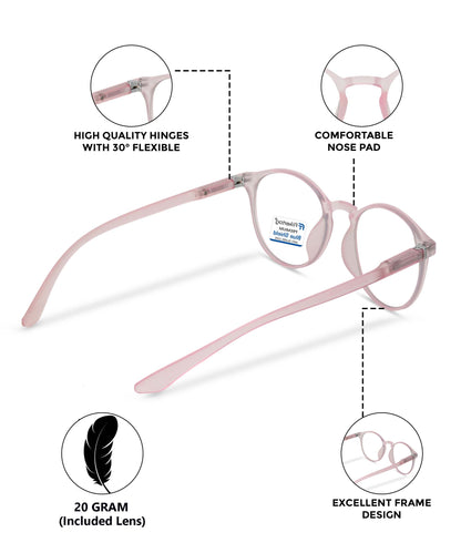 Blue Cut Computer Glasses for Eye Protection | Zero Power Blue Light Filter Glasses With UV Protection for Women [FTF210 F2 Round Transparent Pink Frame, 49mm]