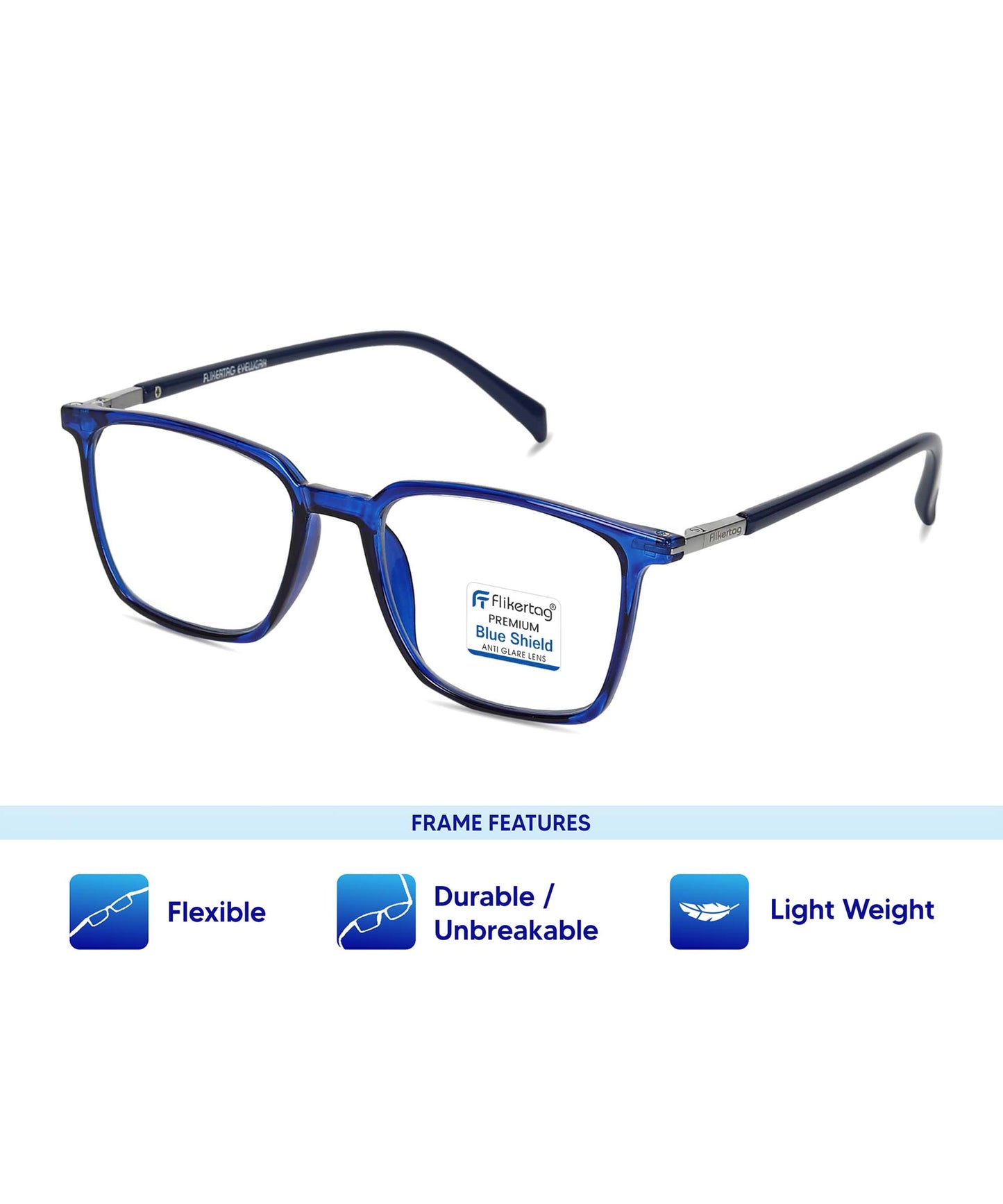 Blue Cut Computer Glasses for Eye Protection | Zero Power Blue Light Filter Glasses With UV Protection for Men & Women [FTF211 F2 Square Shine Blue Frame, 50mm]