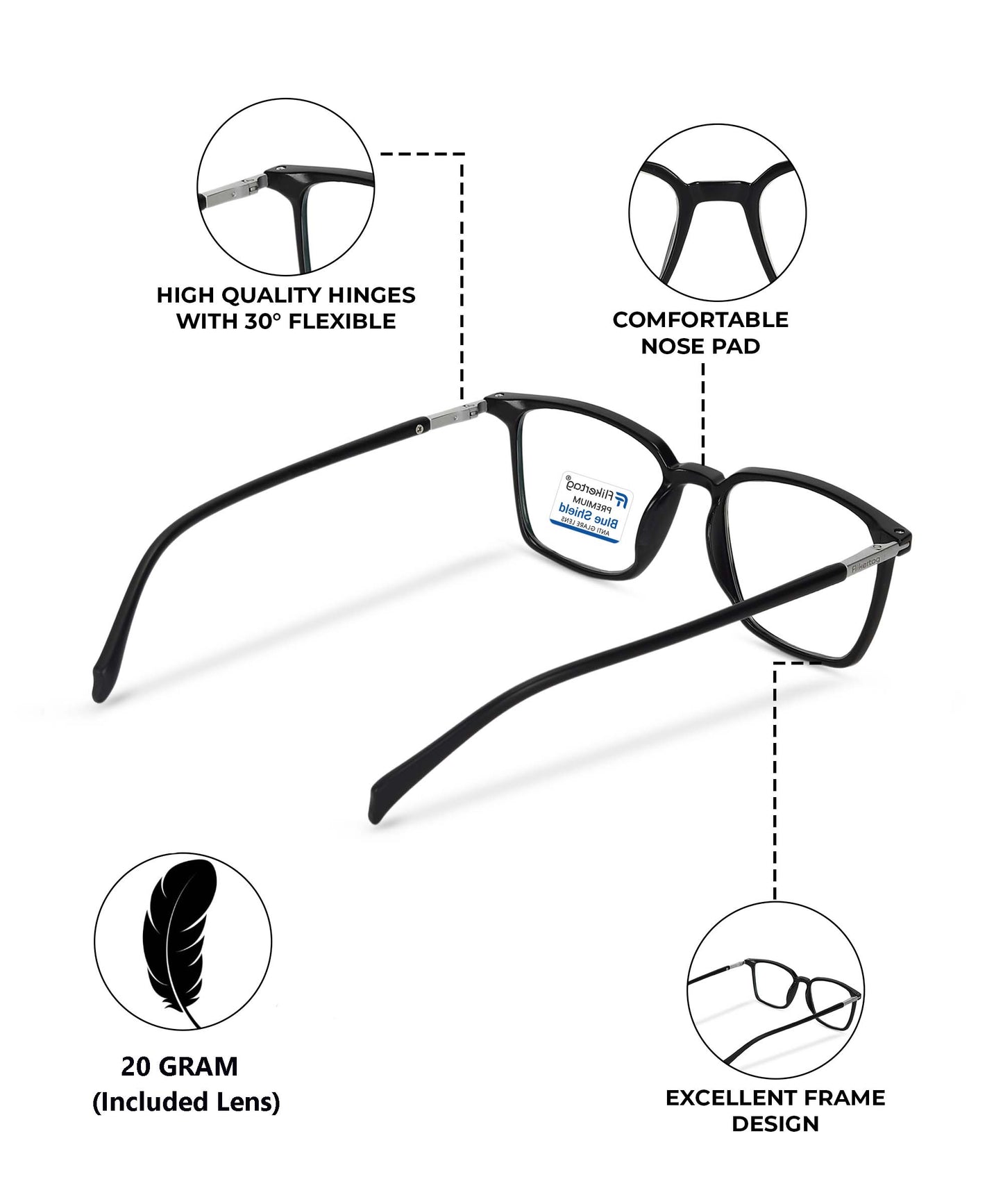 Blue Cut Computer Glasses for Eye Protection | Zero Power Blue Light Filter Glasses With UV Protection for Men & Women [FTF211 F1 Square Matte Black Frame, 50mm]