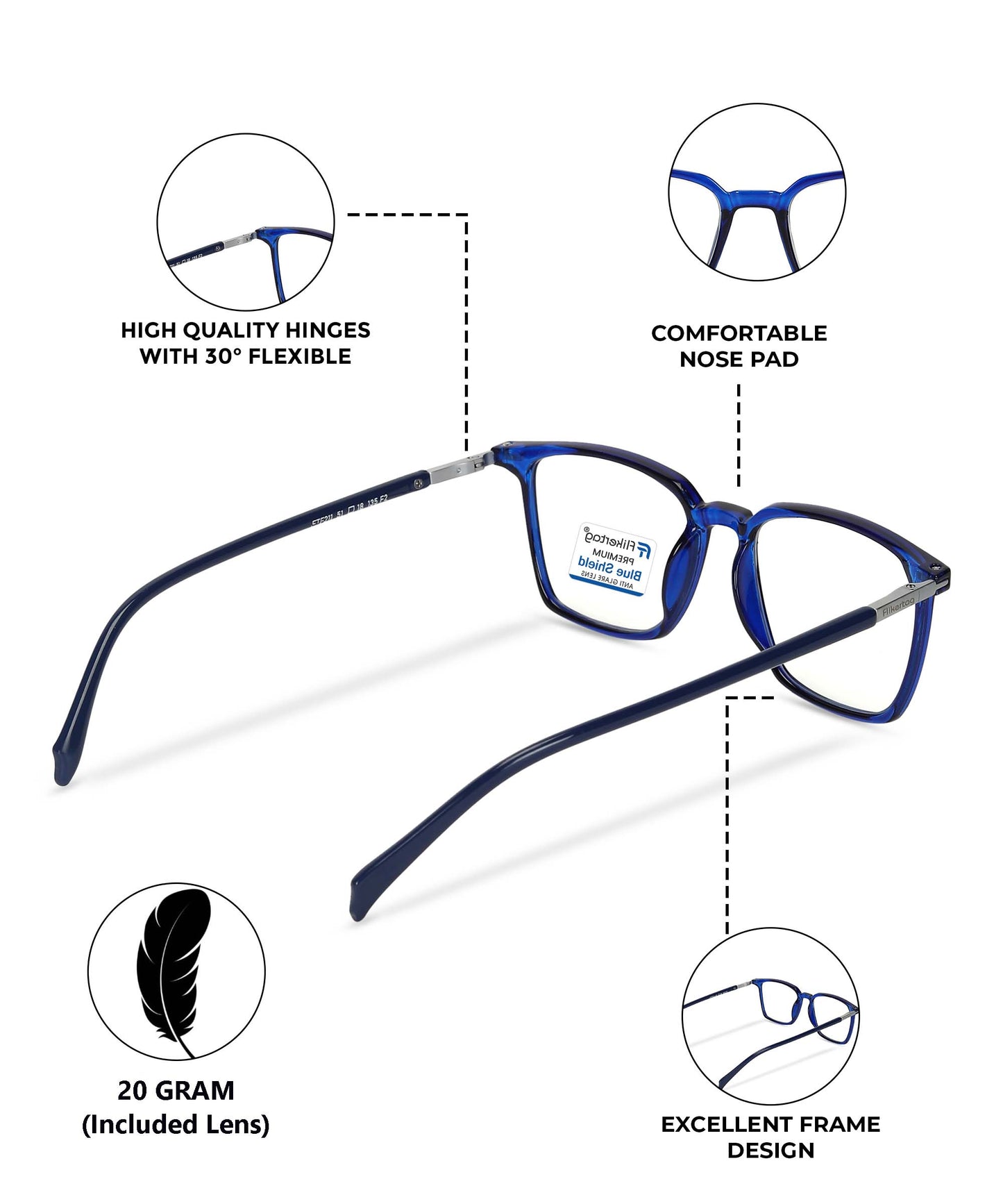 Blue Cut Computer Glasses for Eye Protection | Zero Power Blue Light Filter Glasses With UV Protection for Men & Women [FTF211 F2 Square Shine Blue Frame, 50mm]