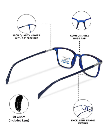 Blue Cut Computer Glasses for Eye Protection | Zero Power Blue Light Filter Glasses With UV Protection for Men & Women [FTF211 F2 Square Shine Blue Frame, 50mm]