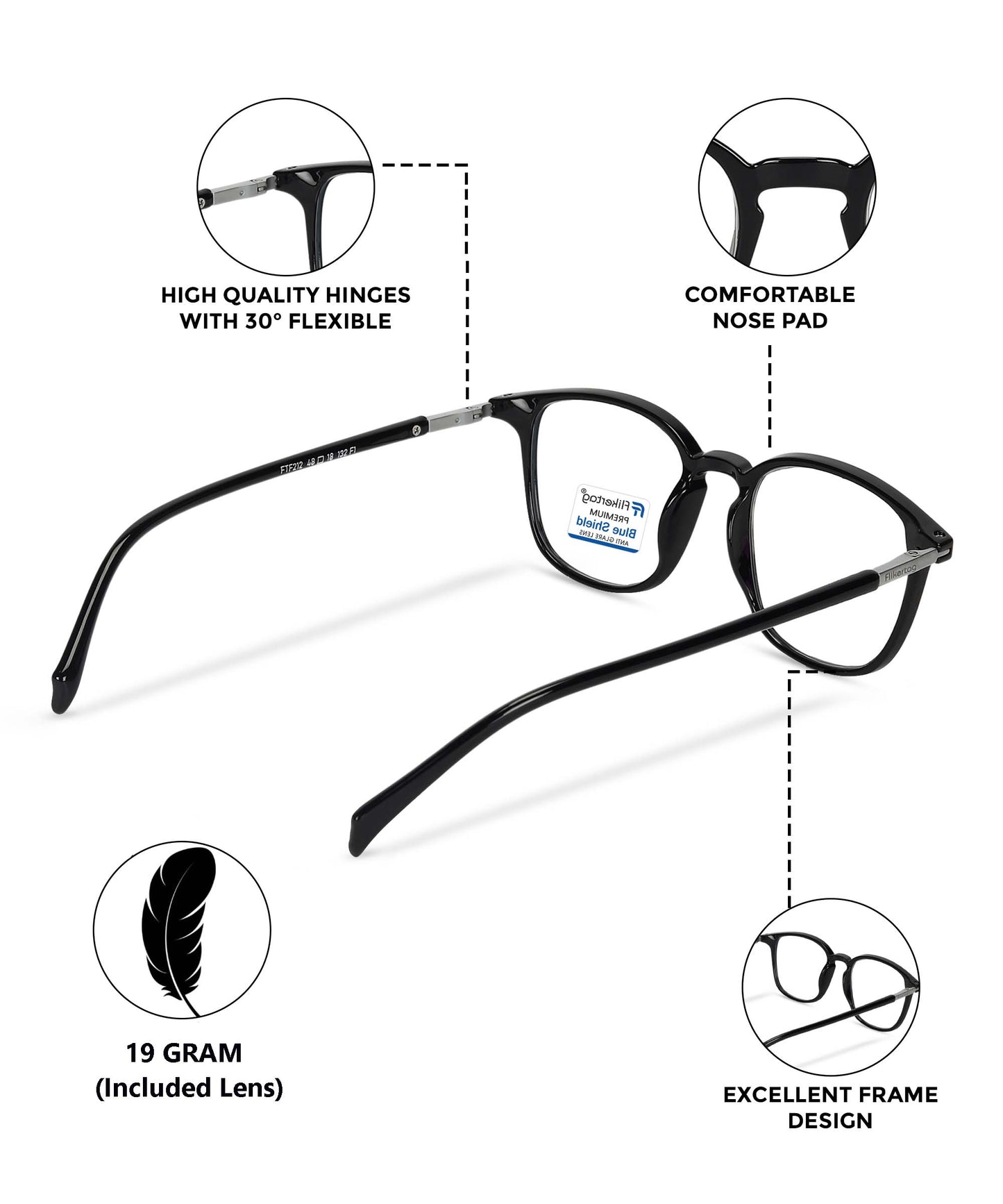 Blue Cut Computer Glasses for Eye Protection | Zero Power Blue Light Filter Glasses With UV Protection for Men & Women [FTF212 F1 Round Shine Black Frame, 49mm]