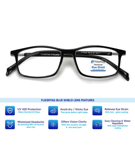 Blue Cut Computer Glasses for Eye Protection | Zero Power Blue Light Filter Glasses With UV Protection for Boys & Girls [FTF213 F1 Rectangular Shine Black Frame, 49mm]