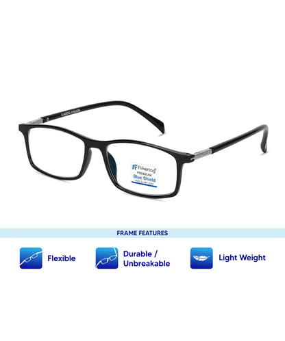 Blue Cut Computer Glasses for Eye Protection | Zero Power Blue Light Filter Glasses With UV Protection for Boys & Girls [FTF213 F1 Rectangular Shine Black Frame, 49mm]