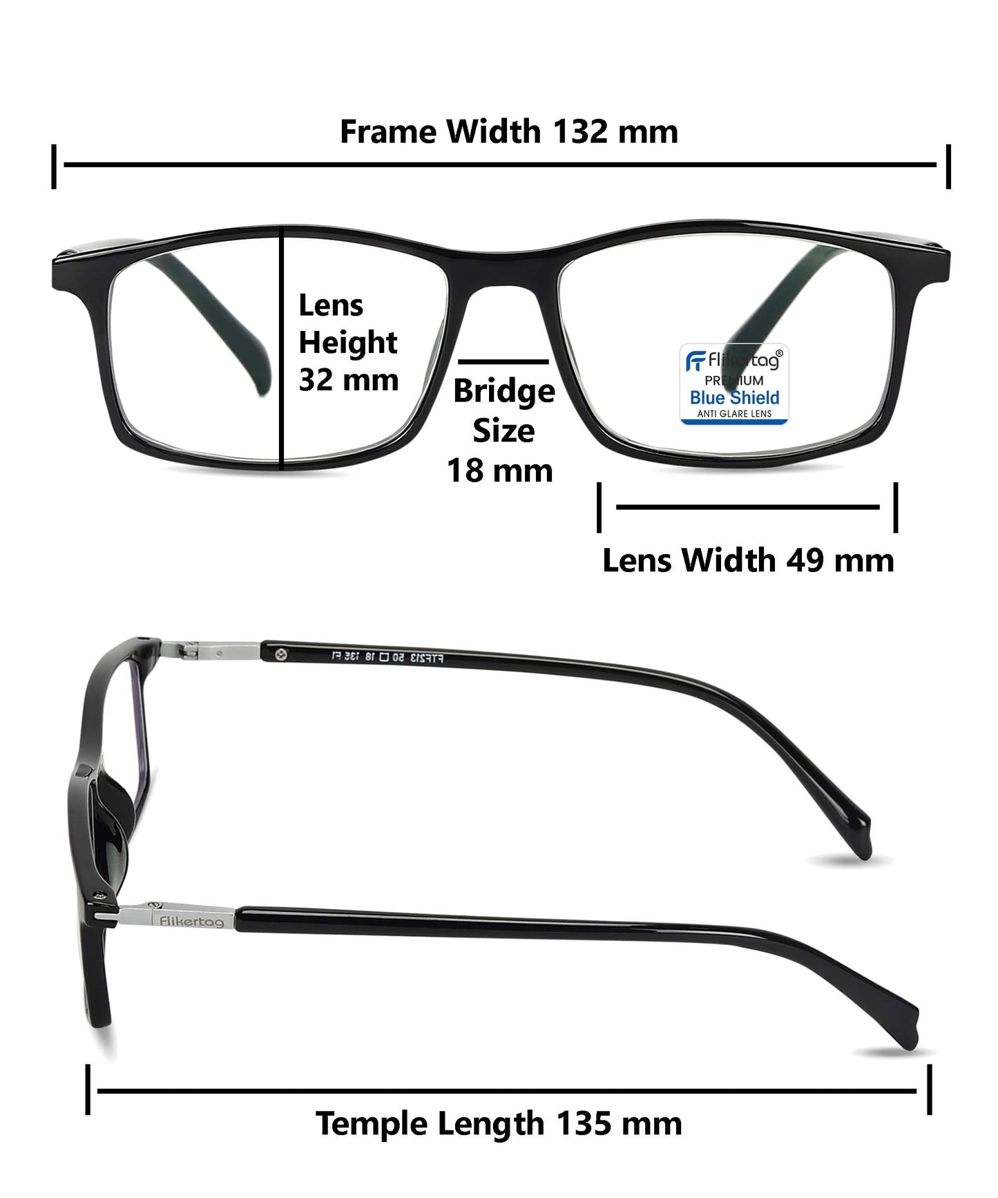 Blue Cut Computer Glasses for Eye Protection | Zero Power Blue Light Filter Glasses With UV Protection for Boys & Girls [FTF213 F1 Rectangular Shine Black Frame, 49mm]