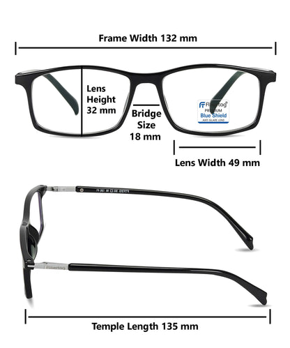 Blue Cut Computer Glasses for Eye Protection | Zero Power Blue Light Filter Glasses With UV Protection for Boys & Girls [FTF213 F1 Rectangular Shine Black Frame, 49mm]