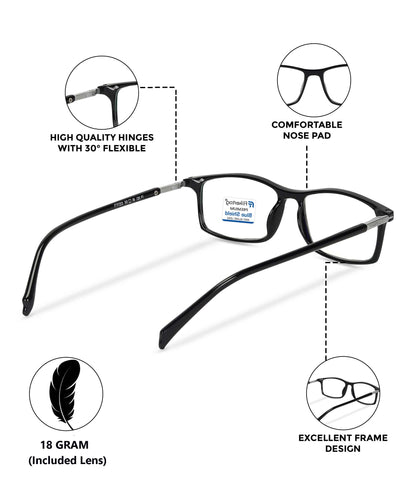 Blue Cut Computer Glasses for Eye Protection | Zero Power Blue Light Filter Glasses With UV Protection for Boys & Girls [FTF213 F1 Rectangular Shine Black Frame, 49mm]