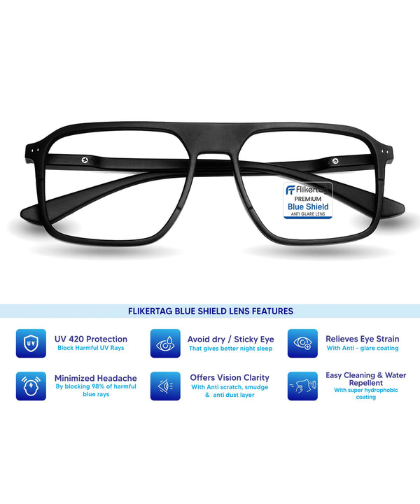 Blue Cut Computer Glasses for Eye Protection | Zero Power Blue Light Filter Glasses With UV Protection for Men & Women [FTF215 F1 Aviator Matte Black Frame, 52mm]