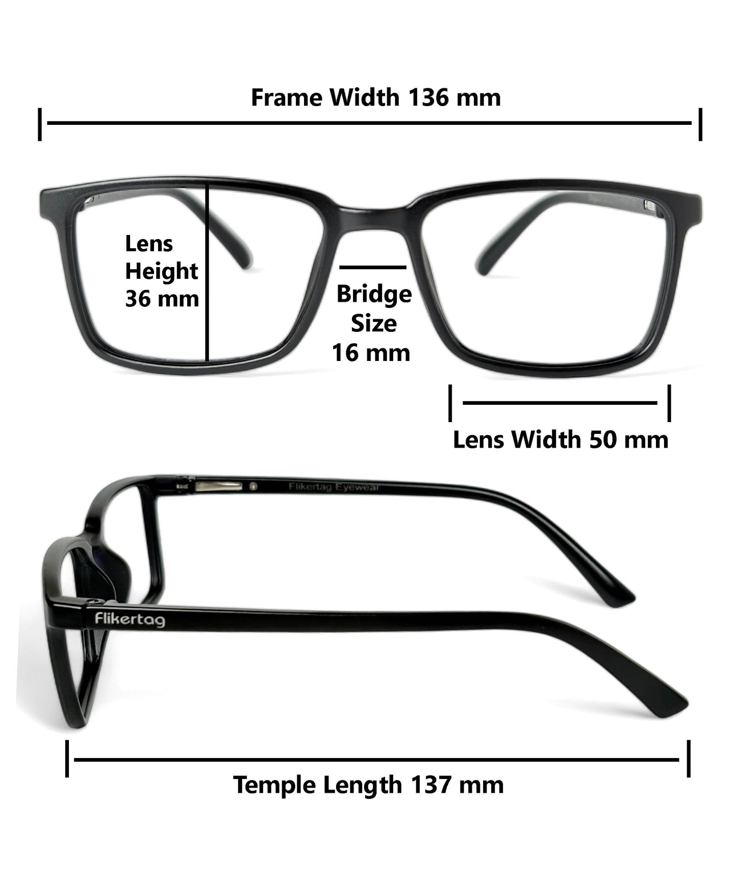 Flikertag Eye Glasses Frame For Men & Women [FTF221 F1 Rectangle Matte Black Frame, 50mm]