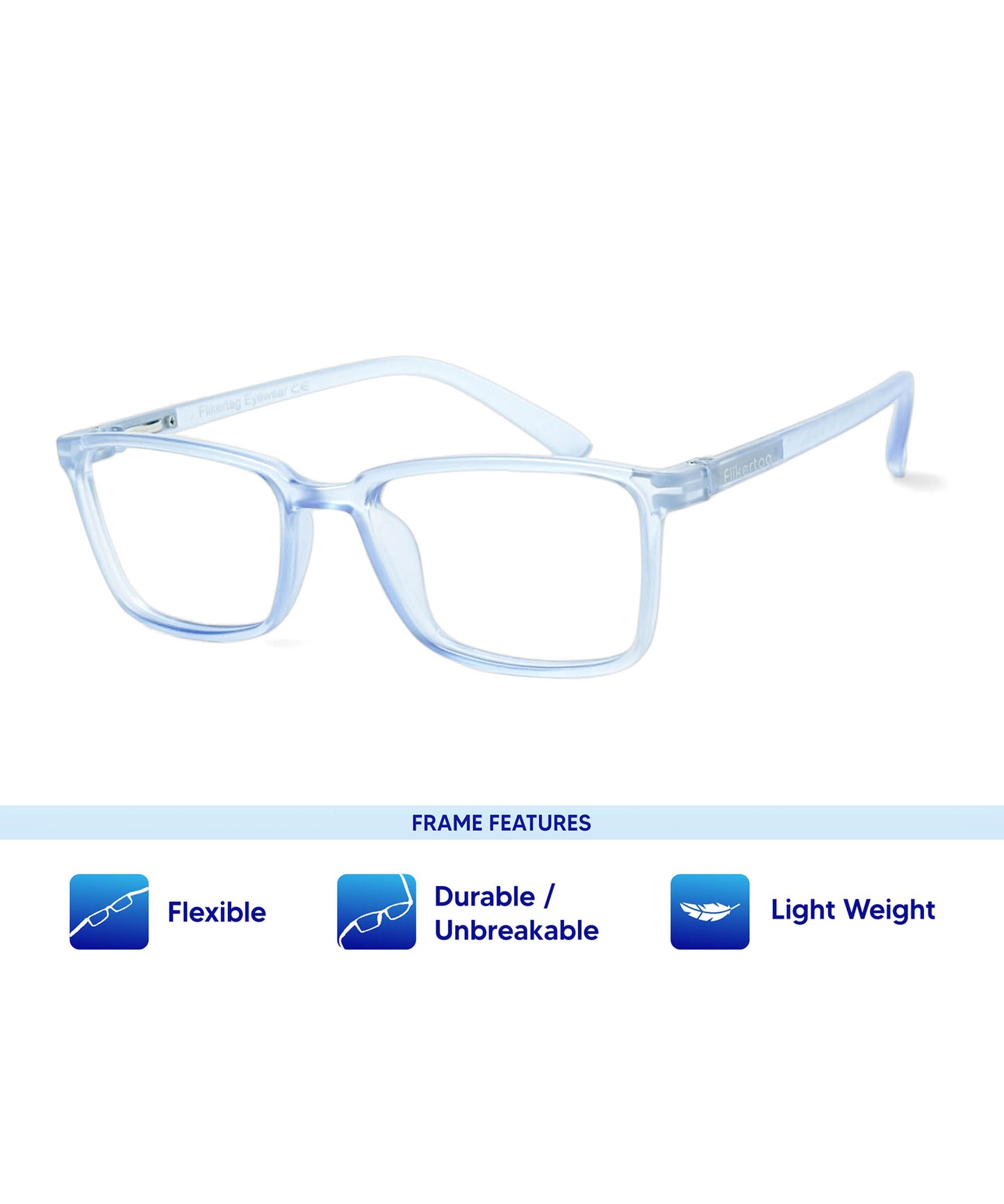 Flikertag Eye Glasses Frame For Men & Women [FTF221 F2 Rectangle Water Blue Frame, 50mm]