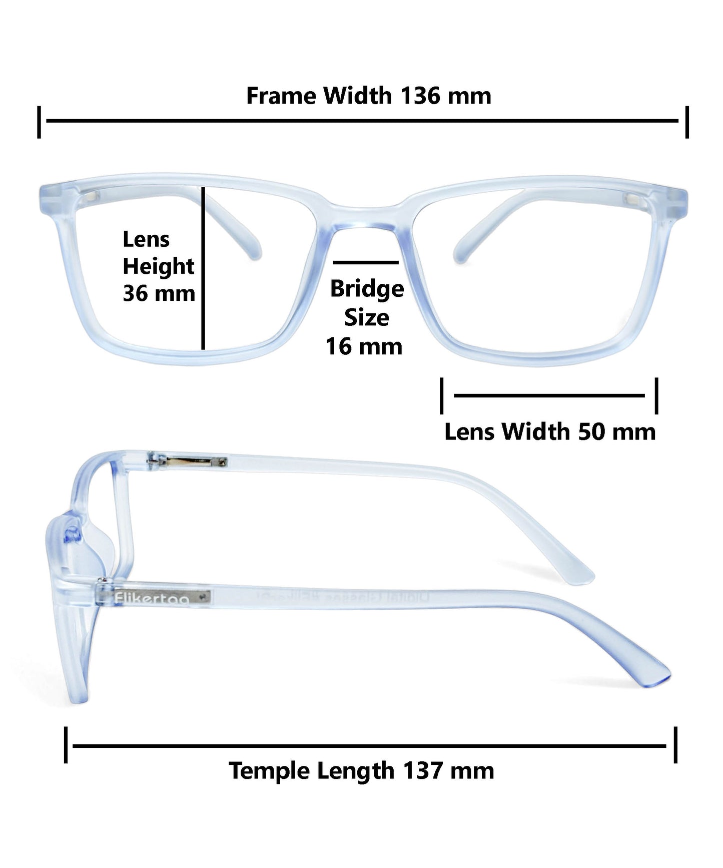 Flikertag Eye Glasses Frame For Men & Women [FTF221 F2 Rectangle Water Blue Frame, 50mm]