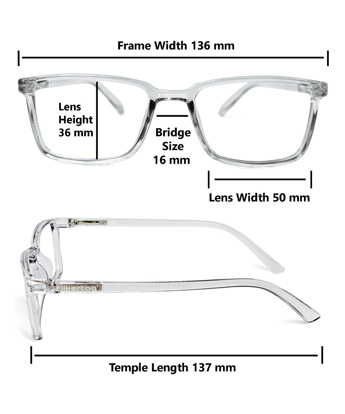 Flikertag Eye Glasses Frame For Men & Women [FTF221 F3 Rectangle Transparent Grey Frame, 50mm]