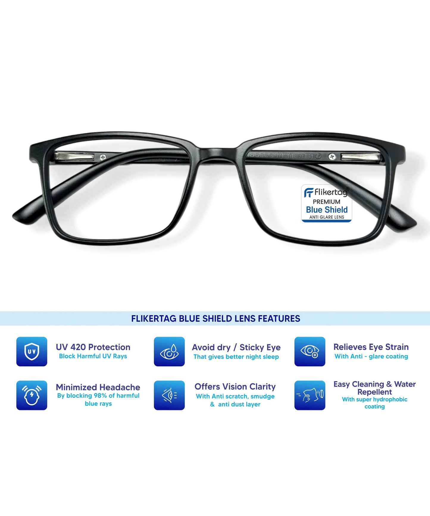 Blue Cut Computer Glasses for Eye Protection | Zero Power Blue Light Filter Glasses With UV Protection for Men & Women [FTF221 F1 Rectangle Matte Black Frame, 50mm]