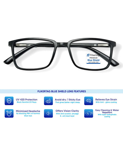 Blue Cut Computer Glasses for Eye Protection | Zero Power Blue Light Filter Glasses With UV Protection for Men & Women [FTF221 F1 Rectangle Matte Black Frame, 50mm]
