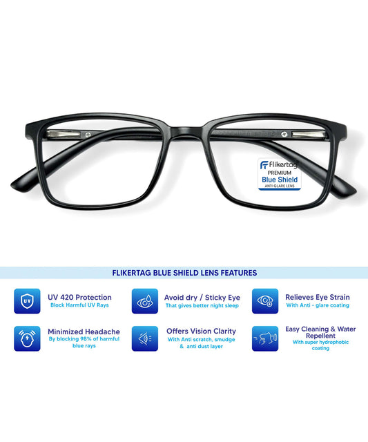 Blue Cut Computer Glasses for Eye Protection | Zero Power Blue Light Filter Glasses With UV Protection for Men & Women [FTF221 F1 Rectangle Matte Black Frame, 50mm]