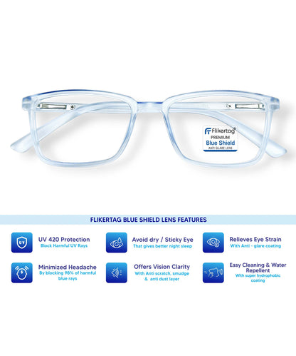 Blue Cut Computer Glasses for Eye Protection | Zero Power Blue Light Filter Glasses With UV Protection for Men & Women [FTF221 F2 Rectangle Water Blue  Frame, 50mm]