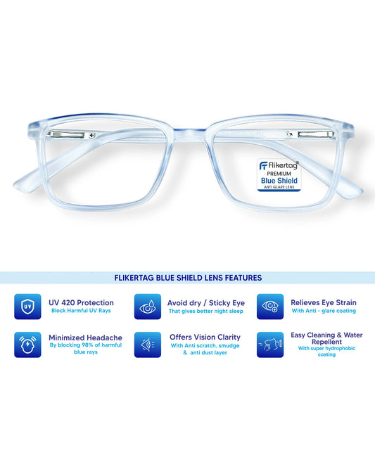 Blue Cut Computer Glasses for Eye Protection | Zero Power Blue Light Filter Glasses With UV Protection for Men & Women [FTF221 F2 Rectangle Water Blue  Frame, 50mm]