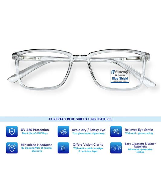 Blue Cut Computer Glasses for Eye Protection | Zero Power Blue Light Filter Glasses With UV Protection for Men & Women [FTF221 F3 Rectangle Transparent Grey Frame, 50mm]
