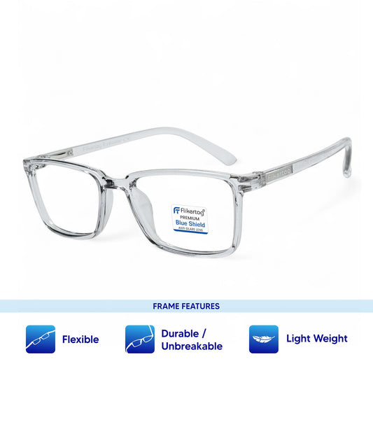 Blue Cut Computer Glasses for Eye Protection | Zero Power Blue Light Filter Glasses With UV Protection for Men & Women [FTF221 F3 Rectangle Transparent Grey Frame, 50mm]