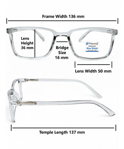 Blue Cut Computer Glasses for Eye Protection | Zero Power Blue Light Filter Glasses With UV Protection for Men & Women [FTF221 F3 Rectangle Transparent Grey Frame, 50mm]