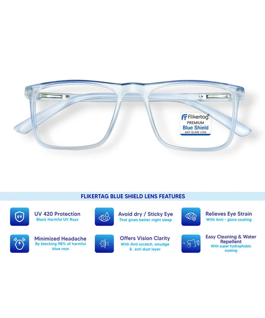 Blue Cut Computer Glasses for Eye Protection | Zero Power Blue Light Filter Glasses With UV Protection for Men & Women [FTF222 F2 Square Water Blue Frame, 50mm]