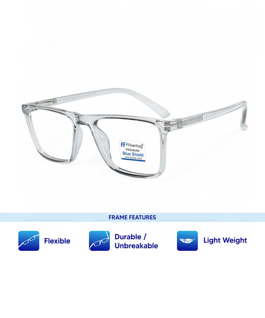 Blue Cut Computer Glasses for Eye Protection | Zero Power Blue Light Filter Glasses With UV Protection for Men & Women [FTF222 F3 Square Transparent Grey Frame, 50mm]