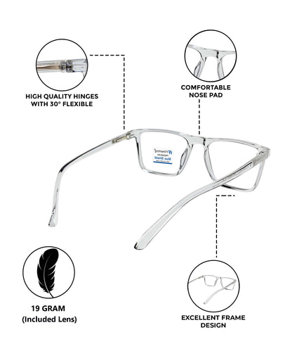 Blue Cut Computer Glasses for Eye Protection | Zero Power Blue Light Filter Glasses With UV Protection for Men & Women [FTF222 F3 Square Transparent Grey Frame, 50mm]