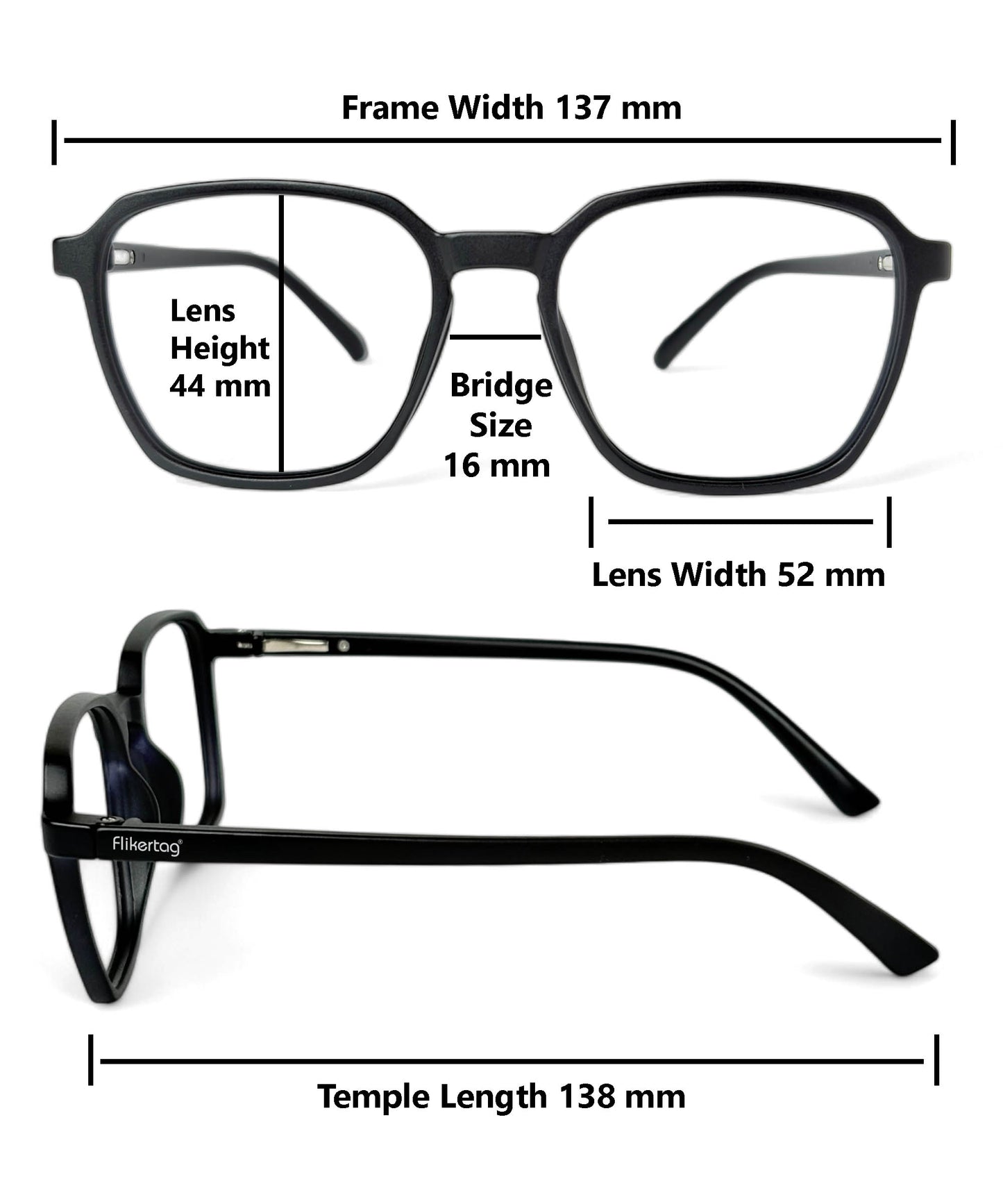 Flikertag Eye Glasses Frame For Men & Women [FTF223 F1 Square Matte Black Frame, 52mm]