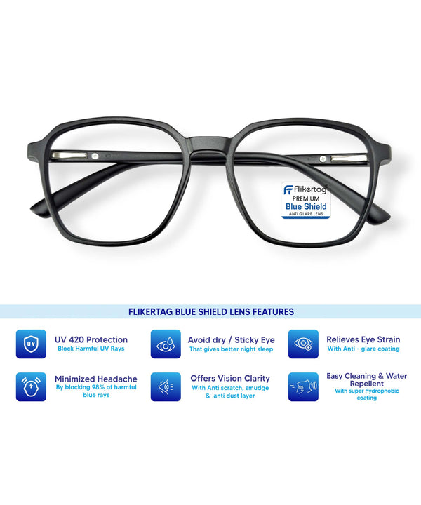 Blue Cut Computer Glasses for Eye Protection | Zero Power Blue Light Filter Glasses With UV Protection for Men & Women [FTF223 F1 Square Matte Black Frame, 52mm]
