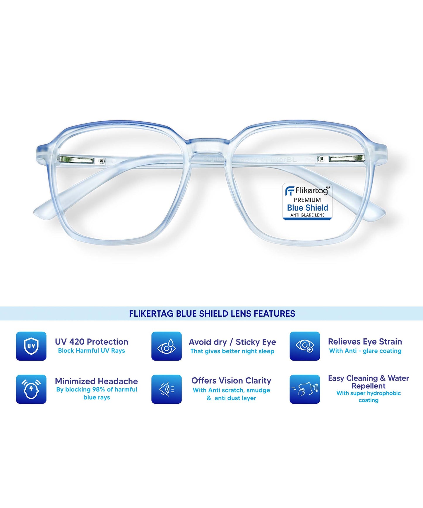 Blue Cut Computer Glasses for Eye Protection | Zero Power Blue Light Filter Glasses With UV Protection for Men & Women [FTF223 F2 Square Water Blue Frame, 52mm]