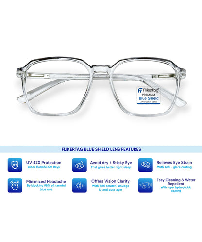 Blue Cut Computer Glasses for Eye Protection | Zero Power Blue Light Filter Glasses With UV Protection for Men & Women [FTF223 F3 Square Transparent Grey Frame, 52mm]