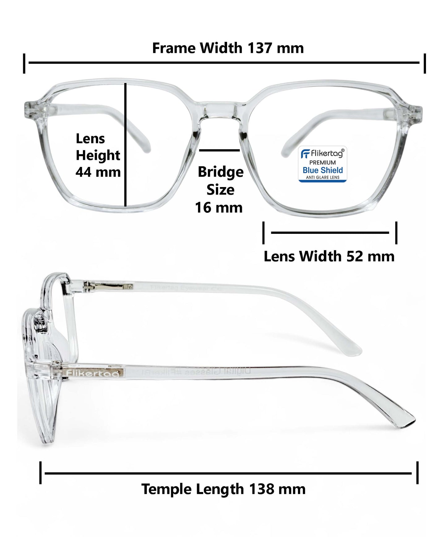 Blue Cut Computer Glasses for Eye Protection | Zero Power Blue Light Filter Glasses With UV Protection for Men & Women [FTF223 F3 Square Transparent Grey Frame, 52mm]