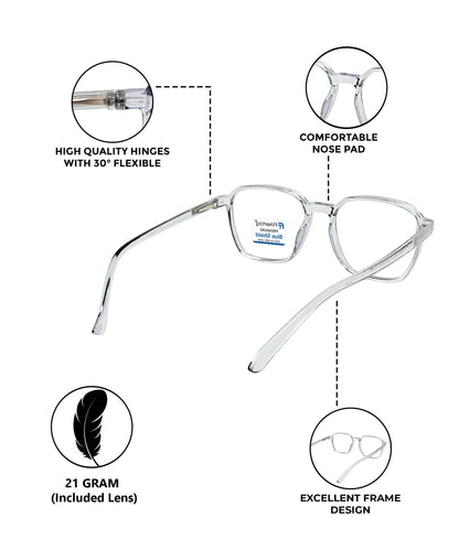 Blue Cut Computer Glasses for Eye Protection | Zero Power Blue Light Filter Glasses With UV Protection for Men & Women [FTF223 F3 Square Transparent Grey Frame, 52mm]