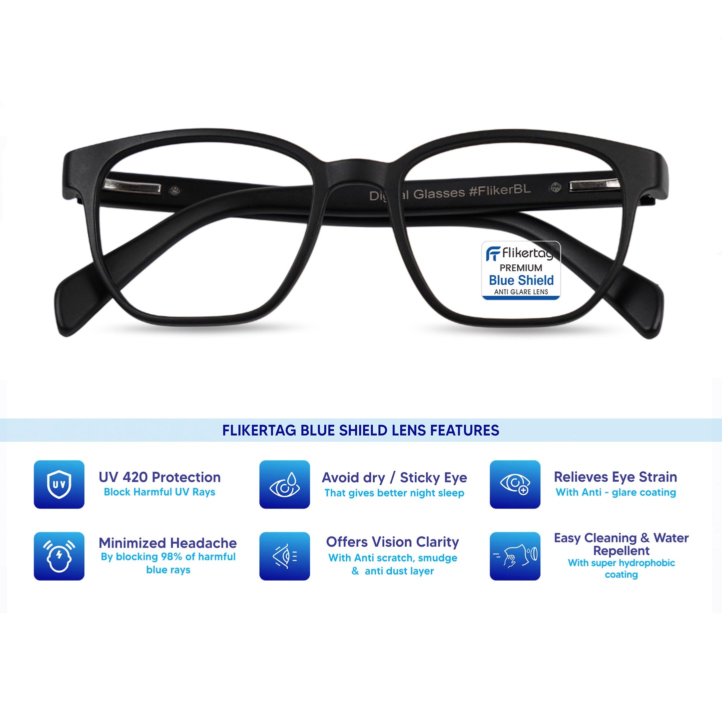 Blue Cut Computer Glasses for Eye Protection | Zero Power Blue Light Filter Glasses With UV Protection for Men & Women [FTF231 F1 Wayfarer Black Frame, 50mm]