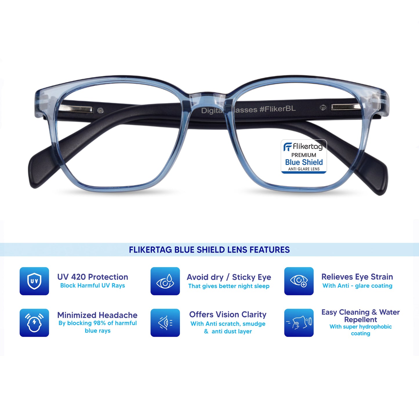 Blue Cut Computer Glasses for Eye Protection | Zero Power Blue Light Filter Glasses With UV Protection for Men & Women [FTF231 F2 Wayfarer Blue Frame, 50mm]